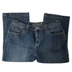 Zena Button-Flap Back Pockets Blue Denim Capris | Women's Size 8b, 5 oz